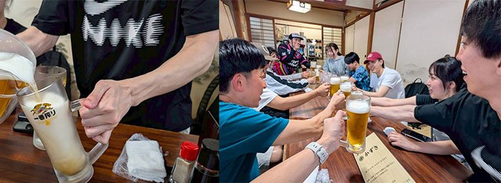 恒例の懇親会。泡だらけのビールですら盛り上がる